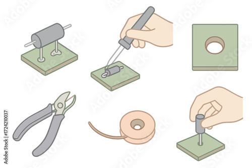 Through-hole Soldering Tools. Isometric vector illustration set Through-hole soldering: leaded component through PCB,