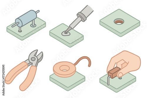 Through-hole Soldering Tools. Isometric vector illustration set Through-hole soldering: leaded component through PCB,