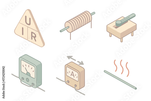 Electronics Isometric Icons. Isometric vector illustration set Current and resistance concepts: Ohm’s law equation diagram,