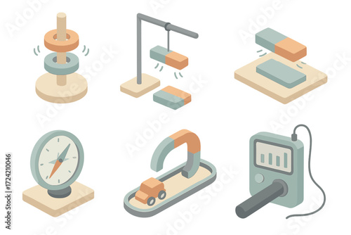 Physics Magnetism Experiments. Isometric vector illustration set Physics magnetism experiments: floating magnet ring toy,