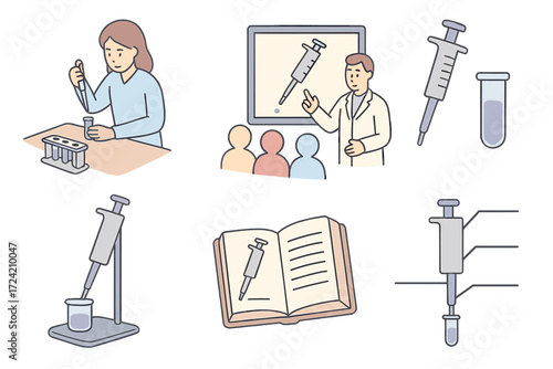 Educational Pipette Illustrations. Isometric vector illustration set Educational pipette visuals: student pipetting practice,