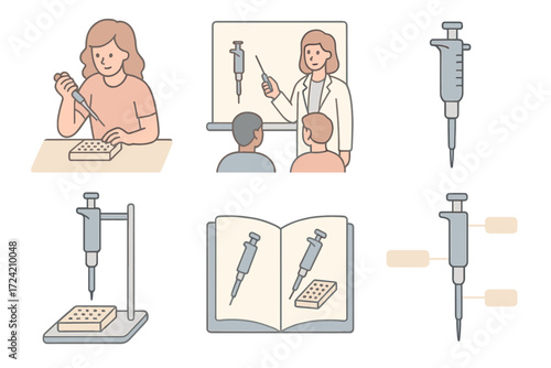 Educational Pipette Illustrations. Isometric vector illustration set Educational pipette visuals: student pipetting practice,