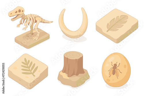Prehistoric Life Icons. Isometric vector illustration set Prehistoric life forms: dinosaur skeleton model, mammoth tusk fossil,