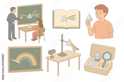 Optics Education Icons. Isometric vector illustration set Educational optics visuals: classroom prism demonstration, textbook