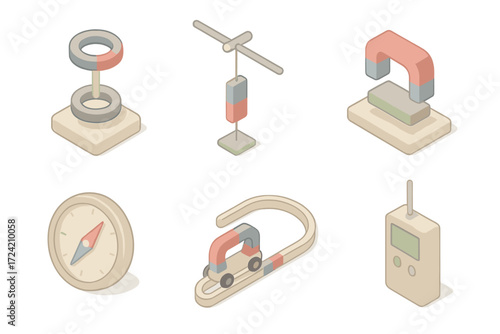 Physics Magnetism Experiments. Isometric vector illustration set Physics magnetism experiments: floating magnet ring toy,
