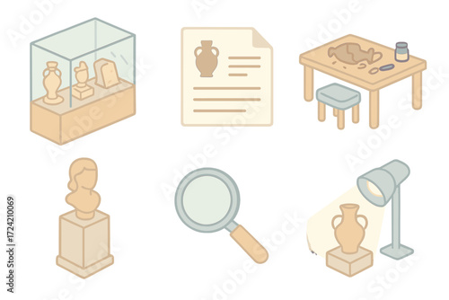 Museum Artifacts Display. Isometric vector illustration set Museum artifacts collection: display case with relics, catalog entry