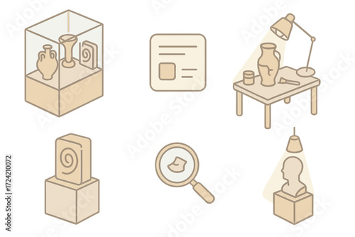 Museum Artifacts Display. Isometric vector illustration set Museum artifacts collection: display case with relics, catalog entry