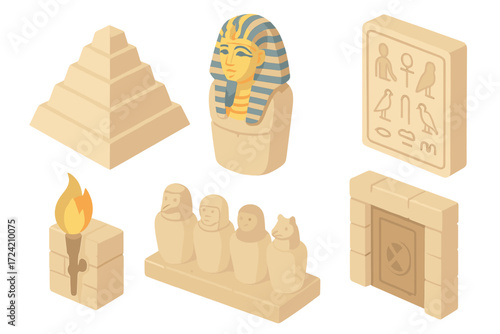 Ancient Egypt Icons. Isometric vector illustration set Pyramid pharaoh tomb hieroglyph: step pyramid icon, sarcophagus with gold