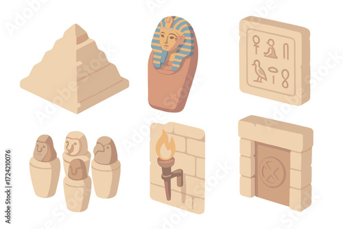 Ancient Egypt Icons. Isometric vector illustration set Pyramid pharaoh tomb hieroglyph: step pyramid icon, sarcophagus with gold
