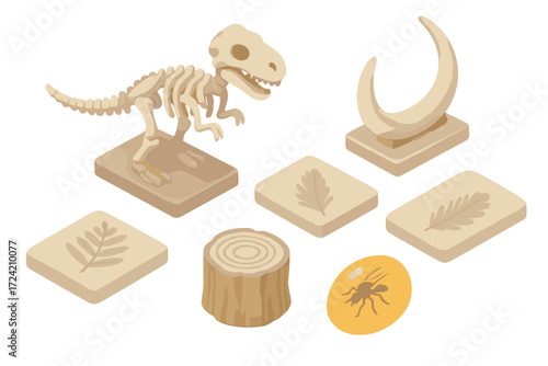 Prehistoric Life Icons. Isometric vector illustration set Prehistoric life forms: dinosaur skeleton model, mammoth tusk fossil,