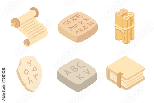 Ancient Knowledge Icons. Isometric vector illustration set Ancient knowledge records: papyrus scroll icon, cuneiform clay tablet,