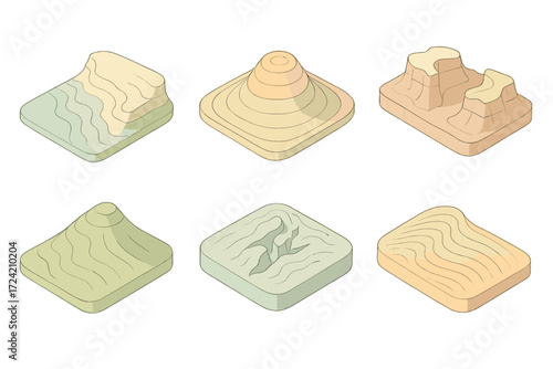 Topographic Map Illustrations. Isometric vector illustration set topographic map contour elevation: coastal headland contours,