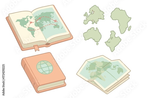 Traveler's Atlas Book. Isometric vector illustration set atlas book world countries: traveler atlas book, open page with flight
