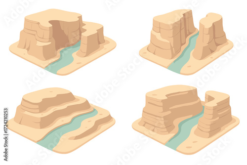 Canyon Erosion Illustration. Isometric vector illustration set canyon erosion river deep: carved canyon cliffs, narrow river gorge
