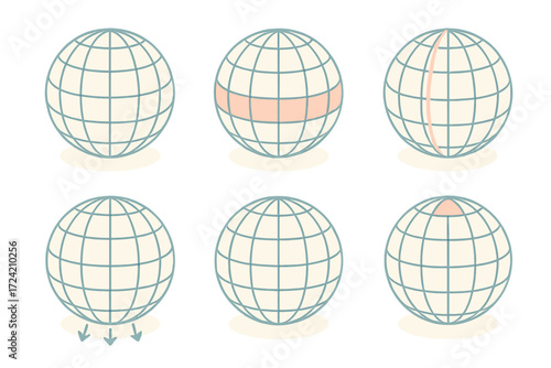 Geographic Grid Art. Isometric vector illustration set meridian longitude latitude grid: geographic grid sphere, equatorial