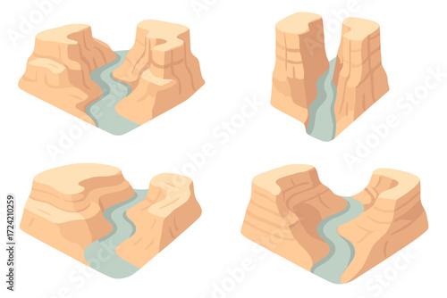 Canyon Erosion Illustration. Isometric vector illustration set canyon erosion river deep: carved canyon cliffs, narrow river gorge