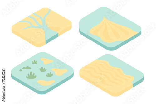 River Delta Illustration. Isometric vector illustration set delta sediment deposit fan: river delta branching outflow, sediment