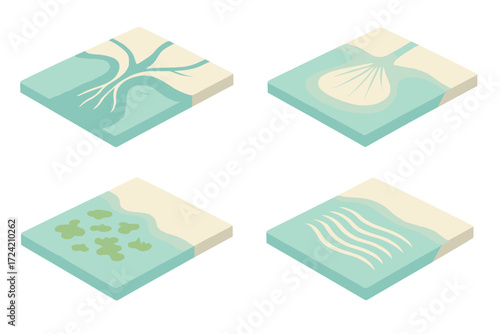 River Delta Illustration. Isometric vector illustration set delta sediment deposit fan: river delta branching outflow, sediment