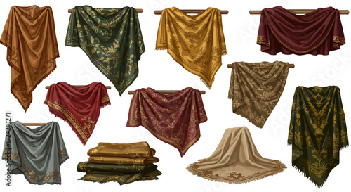 Elegant draped tapestry collection with ornate patterns and rich colors