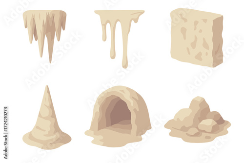 Isometric Stalactite and Stalagmite. Isometric vector illustration set stalactite cave mineral drip: pointed stalactite cluster,