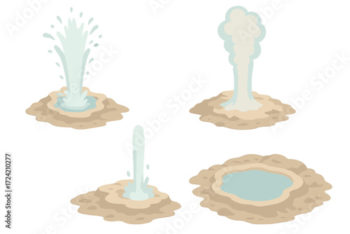 Geyser Eruption Illustration. Isometric vector illustration set geyser hot water erupt: erupting geyser fountain, tall steam plume