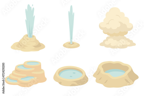 Geyser Eruption Icons. Isometric vector illustration set geyser hot water erupt: geothermal hot water eruption, vertical spray