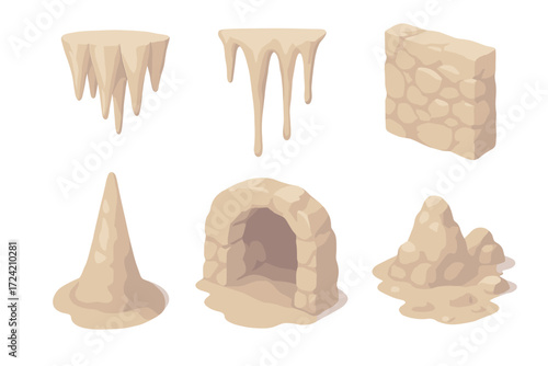 Isometric Stalactite and Stalagmite. Isometric vector illustration set stalactite cave mineral drip: pointed stalactite cluster,