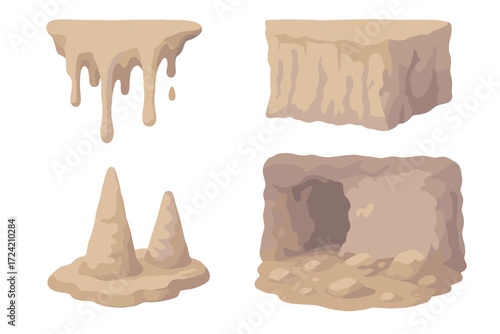 Isometric Cave Formations. Isometric vector illustration set stalactite cave mineral drip: dripping stalactite formations,