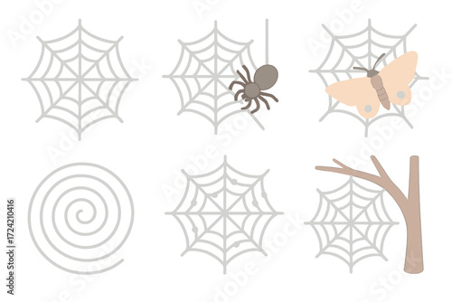 Spider Web Designs. Isometric vector illustration set spider web silk trap: geometric silk web, spider repairing strands, moth