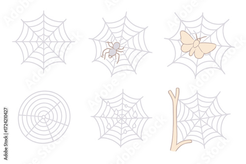 Spider Web Designs. Isometric vector illustration set spider web silk trap: geometric silk web, spider repairing strands, moth