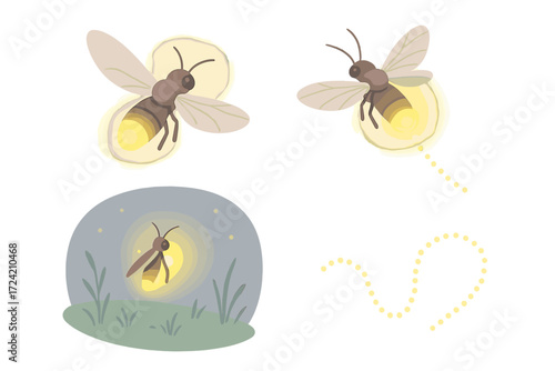 Glowing Firefly Impression. Isometric vector illustration set firefly glow night signal: firefly hovering mid-air, glowing signal