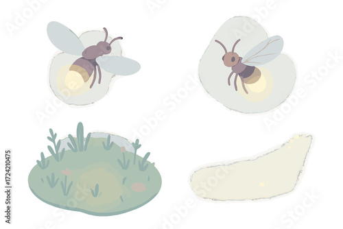 Glowing Firefly Impression. Isometric vector illustration set firefly glow night signal: firefly hovering mid-air, glowing signal