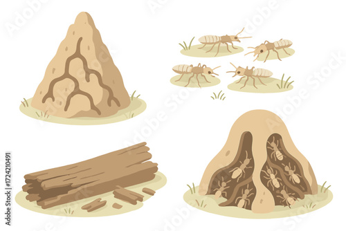 Termite Colony Illustration. Isometric vector illustration set termite mound wood decompose: mound architecture structure,