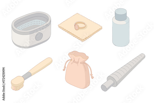Jewelry Care Essentials. Isometric vector illustration set Jewelry care & maintenance: ultrasonic cleaner bath, microfiber
