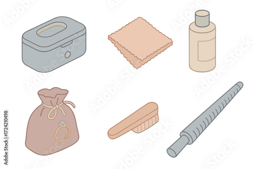 Jewelry Care Essentials. Isometric vector illustration set Jewelry care & maintenance: ultrasonic cleaner bath, microfiber
