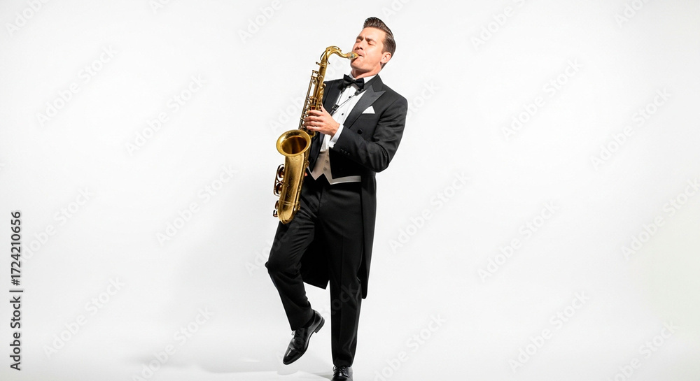 Obraz premium Man in a tailcoat playing saxophone on a white background