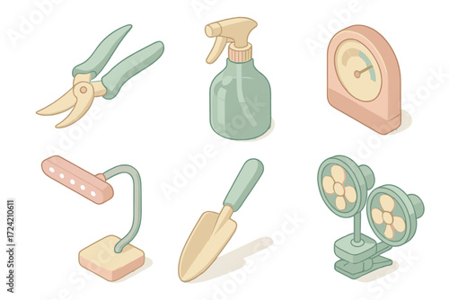 Orchid Care Tools. Isometric vector illustration set Orchid tools & accessories: orchid pruning scissors, orchid mist spray bottle