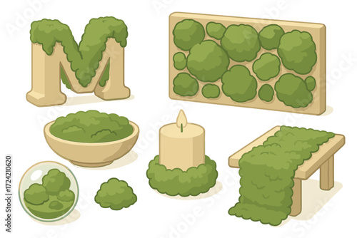 Moss Decor Icons. Isometric vector illustration set Moss in art & design: moss-covered letter decor, moss mural wall, moss