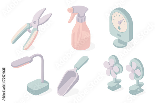 Orchid Care Tools. Isometric vector illustration set Orchid tools & accessories: orchid pruning scissors, orchid mist spray bottle