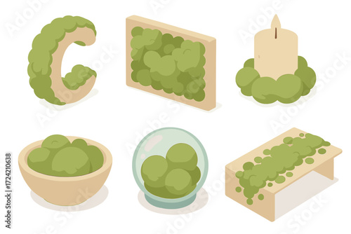 Moss Decor Icons. Isometric vector illustration set Moss in art & design: moss-covered letter decor, moss mural wall, moss