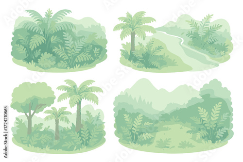 Isometric Fern Landscapes. Isometric vector illustration set Tropical fern landscapes: lush jungle ferns, fern along riverbank,