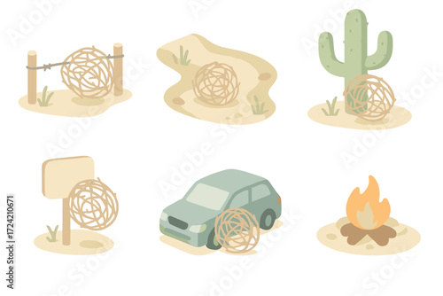 Tumbleweed Encounters. Isometric vector illustration set Tumbleweed interactions: tumbleweed tangling on wire, tumbleweed in