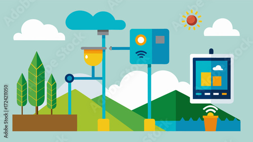 A picture of a weather station integrated with an irrigation system allowing for realtime adjustments based on weather patterns and forecasts.. Vector illustration