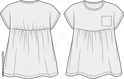 Baby girl dress flat sketch, gathered front, back pleats, short sleeve, round neck, pocket detail, cad vector illustration template