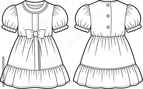 Baby girl puff sleeve dress flat sketch with bow front design, back buttons, gathered waist, ruffle hem, vector cad drawing