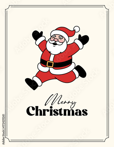 Cartoon illustration of cheerful Santa Claus in a red suit, with a "Merry Christmas" text and a frame for greetings