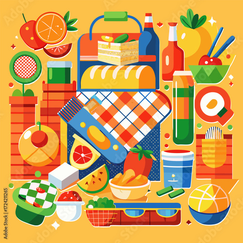 Vibrant flat style picnic scene with food basket fruits and drinks celebrating outdoor summer fun vector