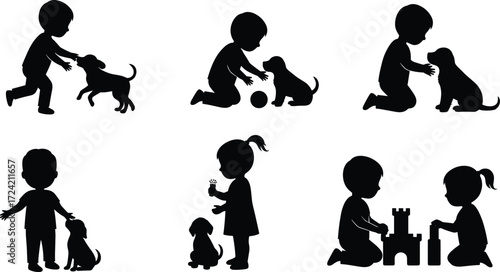 Silhouette of children playing with dogs, building blocks, outdoor fun, friendship, family, bonding, pets, childhood moments, happy lifestyle, love