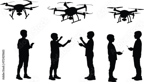 Silhouette of children playing with drone, flying quadcopter, holding remote control, outdoor technology, fun, learning, teamwork, innovation, hobby