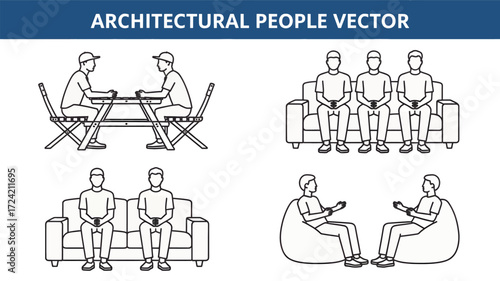 Architectural sketch style vector illustrations of people in various social settings including dining seating on sofas and relaxing in beanbag chairs silhouette